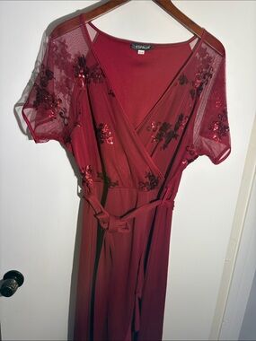 Burgundy Sequin Wrap Midi Dress